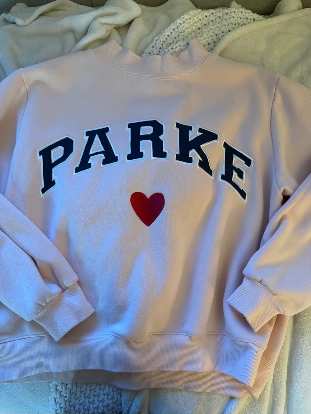 New sold out Parker Light Pink Crewneck Sweatshirt with Navy Logo and Red Heart